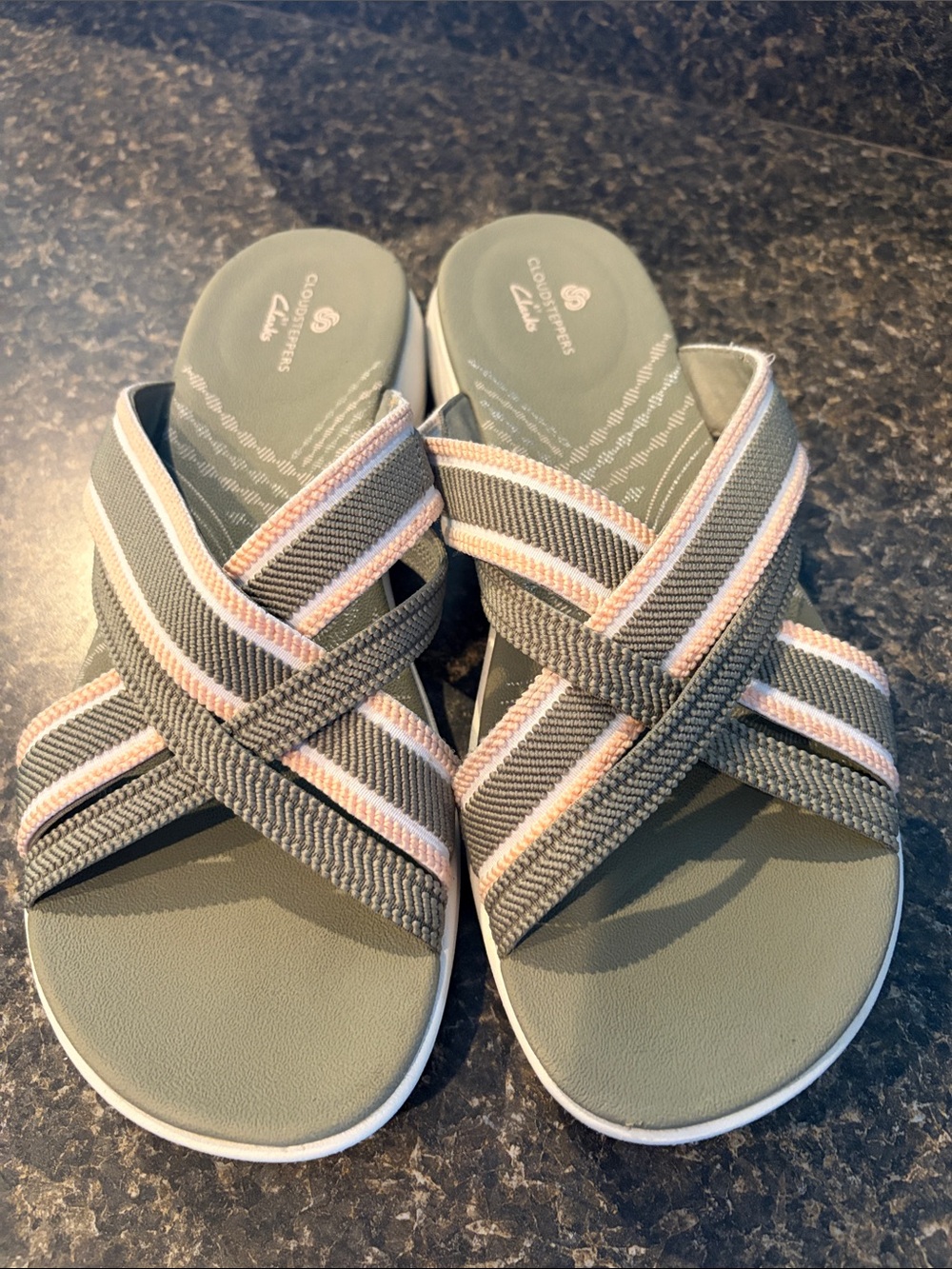 Clarks Cloud  Stepper Gray and Pink Cross-Strap Slide Sandals